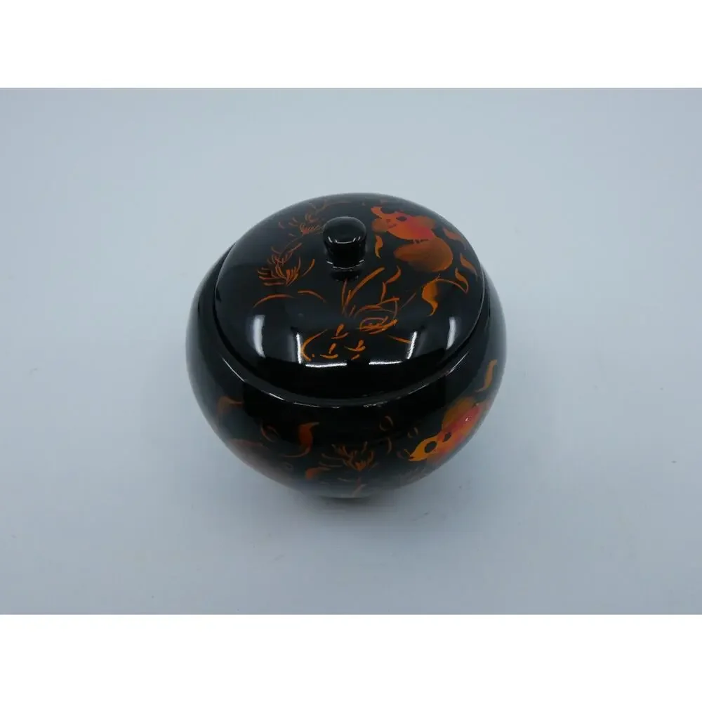 Round Lidded Lacquer Trinket Box Fancy Goldfish Hand Painted Designs Black Gloss